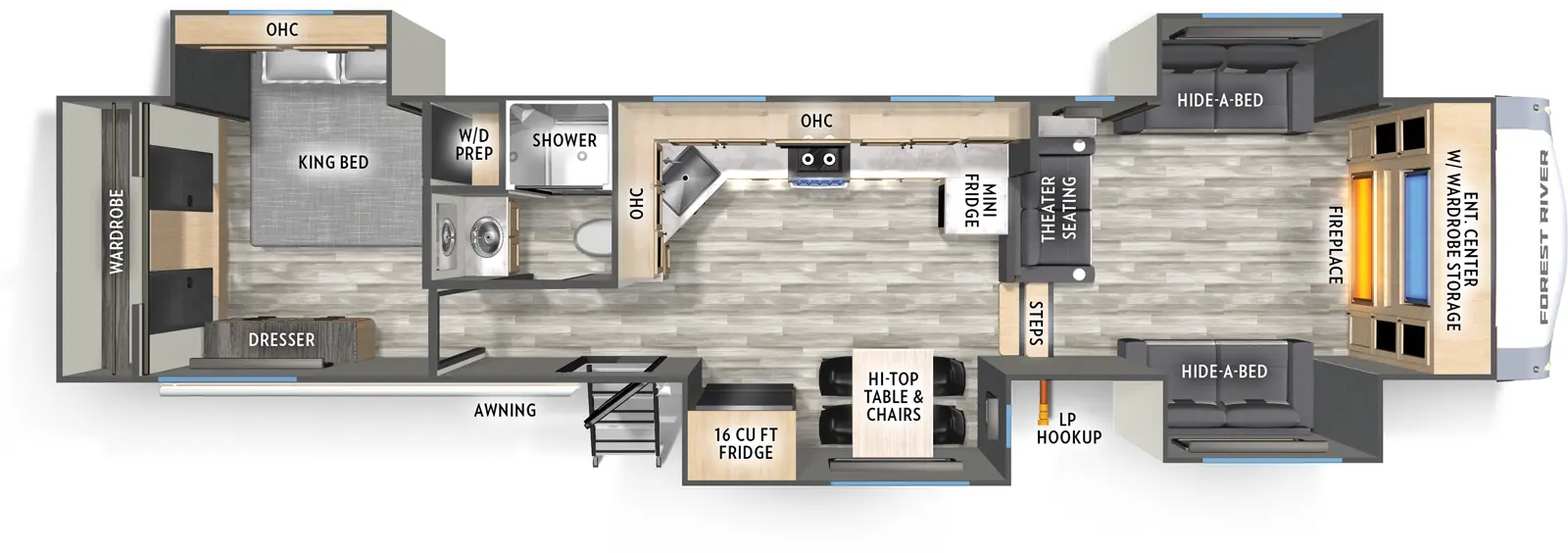 The 35FL has four slideouts and one entry. Interior layout front to back: entertainment center with wardrobe and fireplace, opposing hide-a-bed sofa slideouts, and theater seating across from front entertainment center; steps down to main living area; door side slideout with hi-top with chairs, and refrigerator; kitchen counter with mini fridge wraps from inner wall to off-door side with cooktop and overhead cabinets, and continues to wrap to other inner wall with sink; door side entry; off-door side full bathroom with medicine cabinet; rear bedroom with off-door side closet with washer/dryer prep, and king bed slideout, rear wardrobe, and door side dresser.